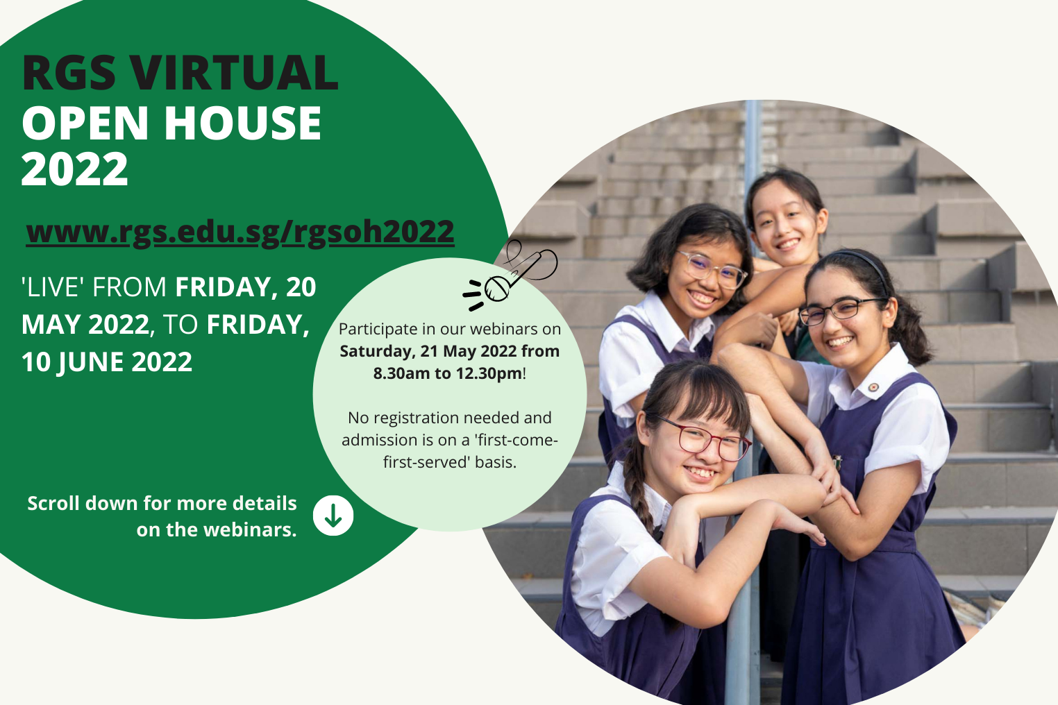 Flyer for RGS Virtual Open House 2022 featuring four smiling schoolgirls in navy uniforms posing together on steps.